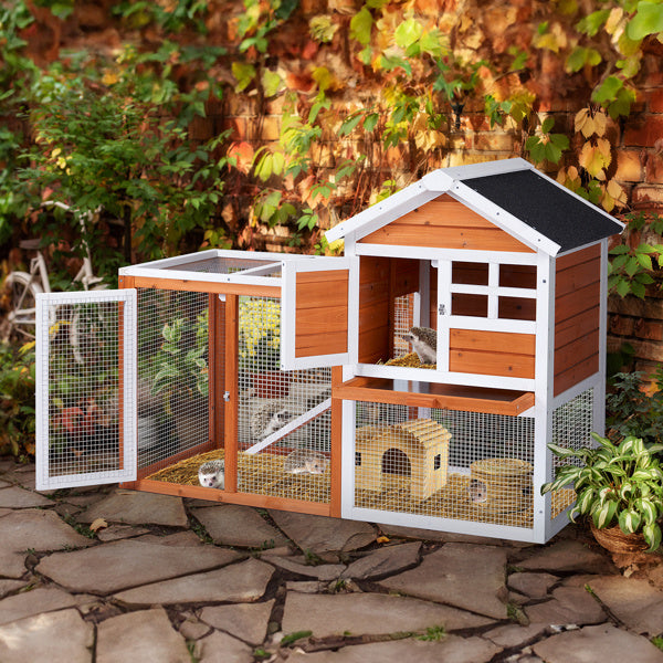 Wooden Rabbit Hutch with Run - Fir Wood with Ladder - Purrfect Pet Haven