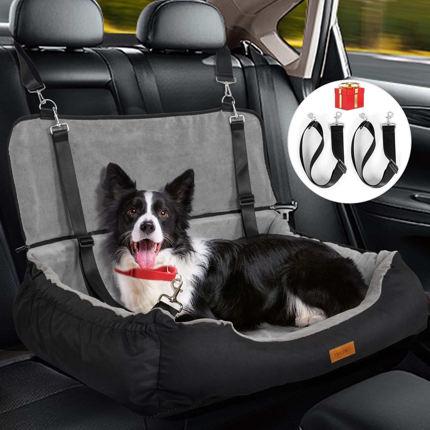 Coral Fleece Dog Booster Seat, Pet Travel Bed With Storage And Clip-on Leash, For Large Dogs 70 Lbs Or 2 Medium,Small Dogs - Purrfect Pet Haven
