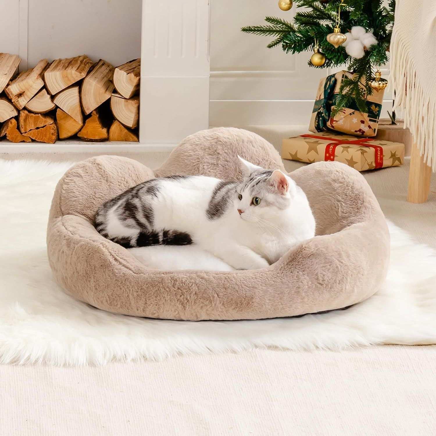Cozy Khaki Flower Pet Bed - Washable - Purrfect Pet Haven