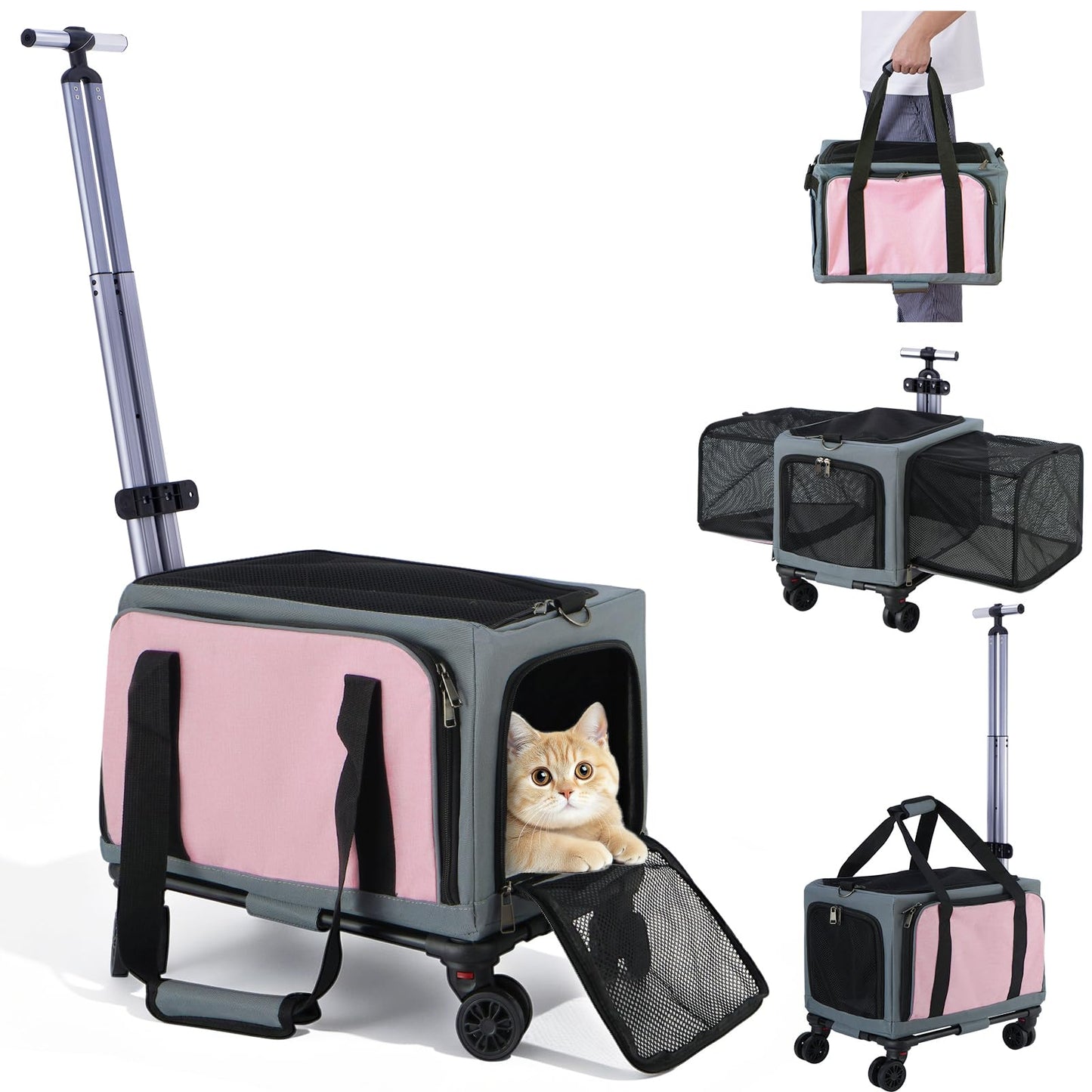 Rolling Pet Carrier with Wheels - 3-Sided Expandable Travel Bag Cats Dogs