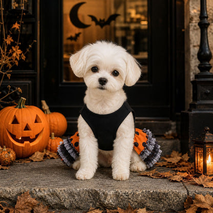 Halloween Dog Dress - Cute Orange & Black Polka Dot Tutu Skirt with Lace Bow, Puppy Party Costume for Small to Medium Dogs, Perfect Halloween Outfit for Bichon, Maltese, Teddy and More