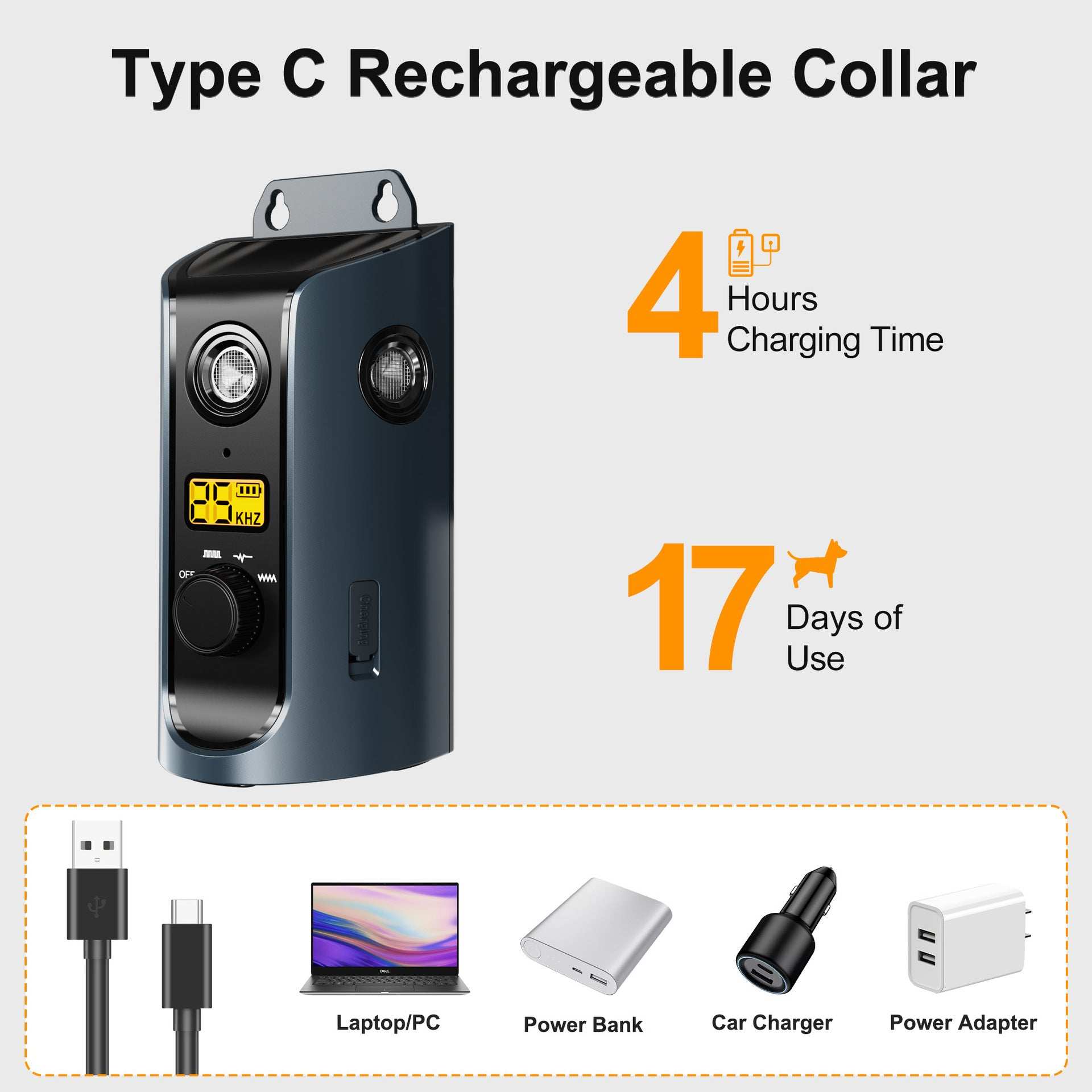 Type C rechargeable collar with charging time and usage duration information on a white background.