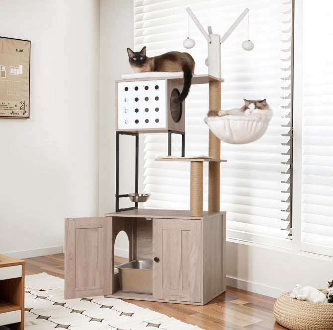 Cat Tree With Litter Box Enclosure - Modern 3-in-1 Cat Condo With Scratching Posts - Purrfect Pet Haven