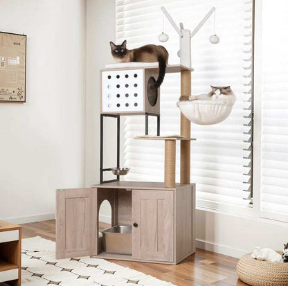 Cat Tree With Litter Box Enclosure - Modern 3-in-1 Cat Condo With Scratching Posts - Purrfect Pet Haven
