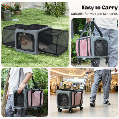 Rolling Pet Carrier with Wheels - 3-Sided Expandable Travel Bag Cats Dogs