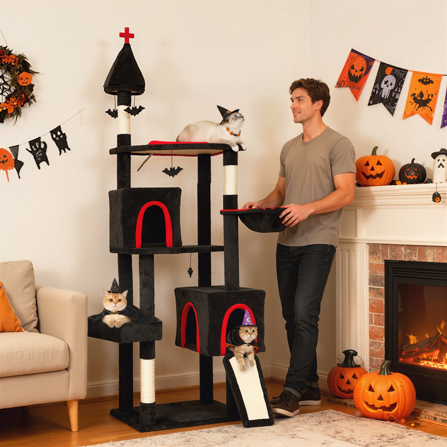 Gothic Cat Tree 78" - Castle Tower with Coffin Bed & Condos - Purrfect Pet Haven