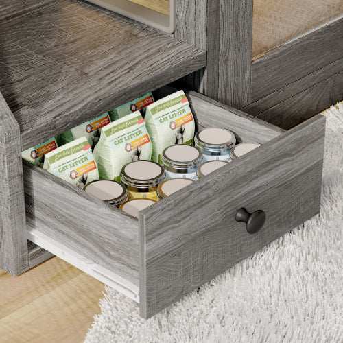 GO Cat Litter Box Enclosure With Light , Hidden Litter Box Furniture With 2 Storage Drawers, Indoor Cat House Side Table For Living Room - Purrfect Pet Haven
