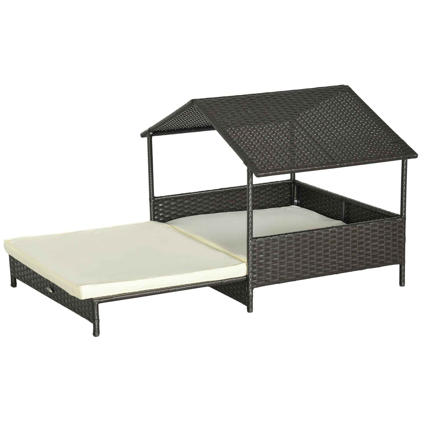 Outdoor Dog Bed Extendable Wicker Dog Bed w/ Waterproof Roof, Soft Cushion, for Small and Medium Dogs, Cream White