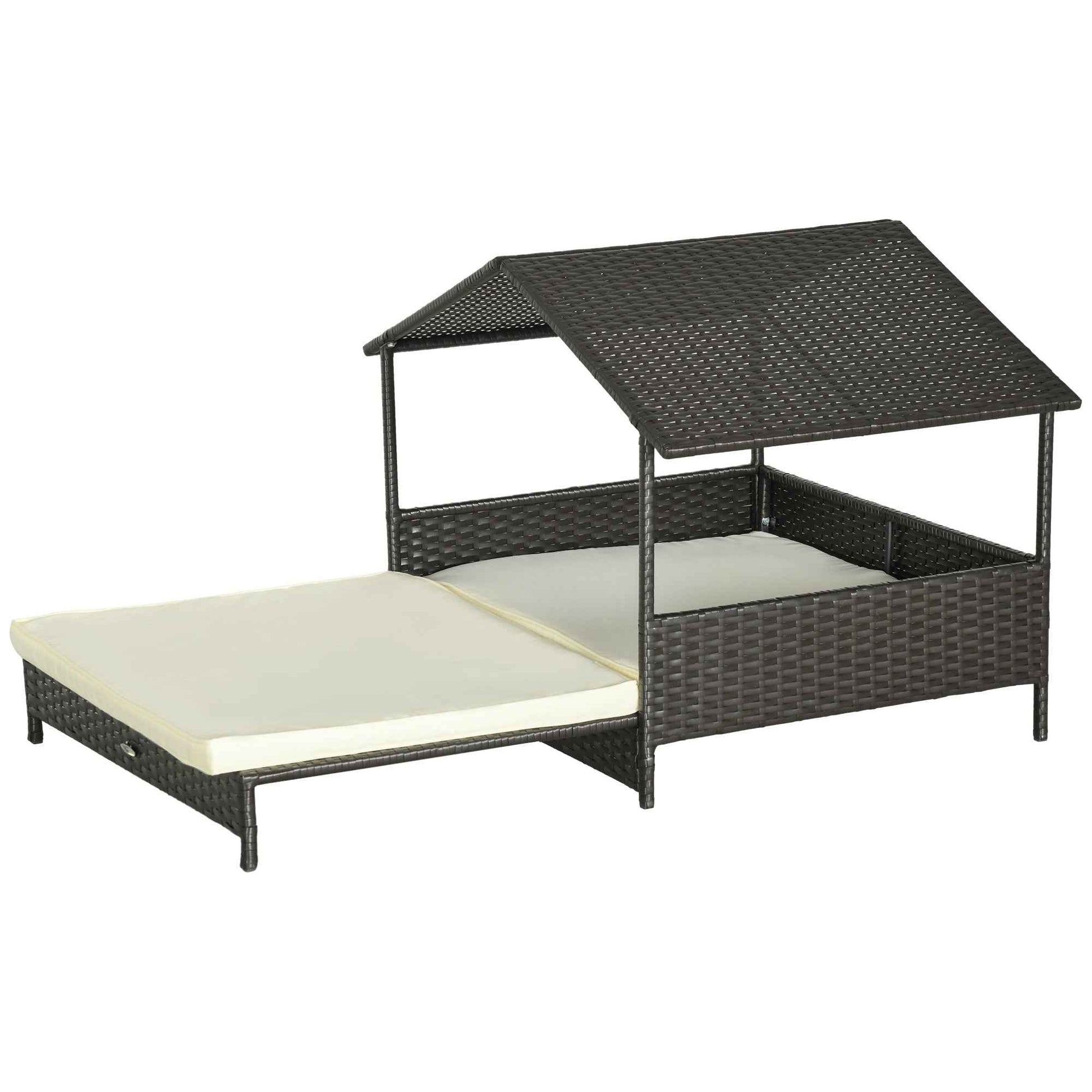 Outdoor Dog Bed Extendable Wicker Dog Bed w/ Waterproof Roof, Soft Cushion, for Small and Medium Dogs, Cream White
