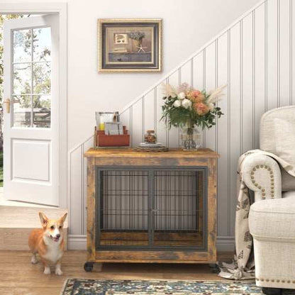 Furniture Style Dog Crate Side Table On Wheels With Double Doors And Lift Top. Rustic Brown, 31.50'' W X 22.05'' D X 25'' H. - Purrfect Pet Haven