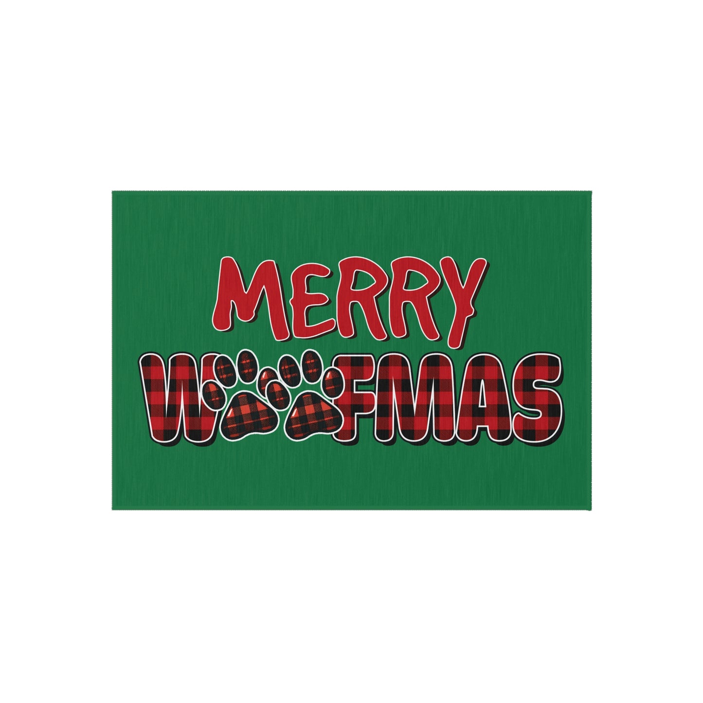 Green banner with red and plaid text reading 'Merry Wofmas' on a white background