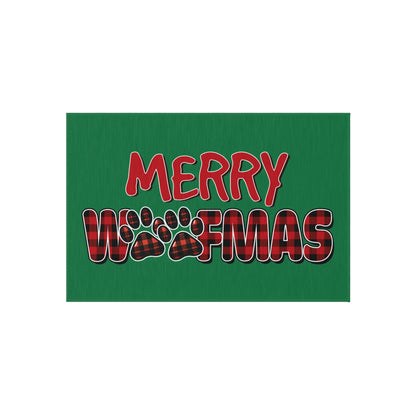 Green banner with red and plaid text reading 'Merry Wofmas' on a white background