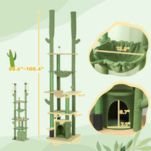 89"-100" Floor to Ceiling Cat Tree, Cat Climbing Tower with Grooming Brush Post, Cat Condo, Hammock, Green