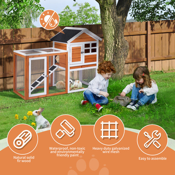 Wooden Rabbit Hutch with Run - Fir Wood with Ladder - Purrfect Pet Haven