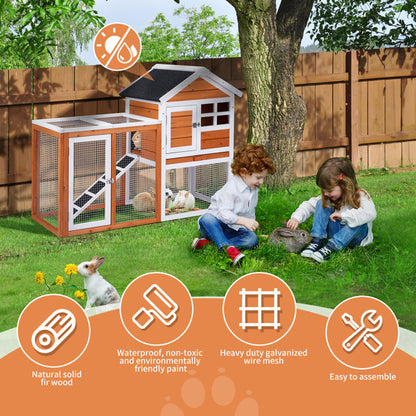 Wooden Rabbit Hutch with Run - Fir Wood with Ladder - Purrfect Pet Haven