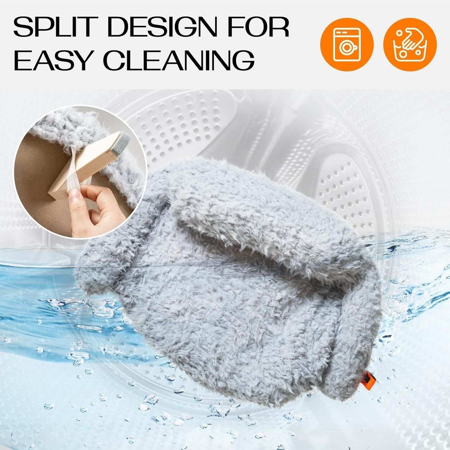 Gray cleaning mitt with text 'Split Design for Easy Cleaning' and icons indicating washing and cleaning.