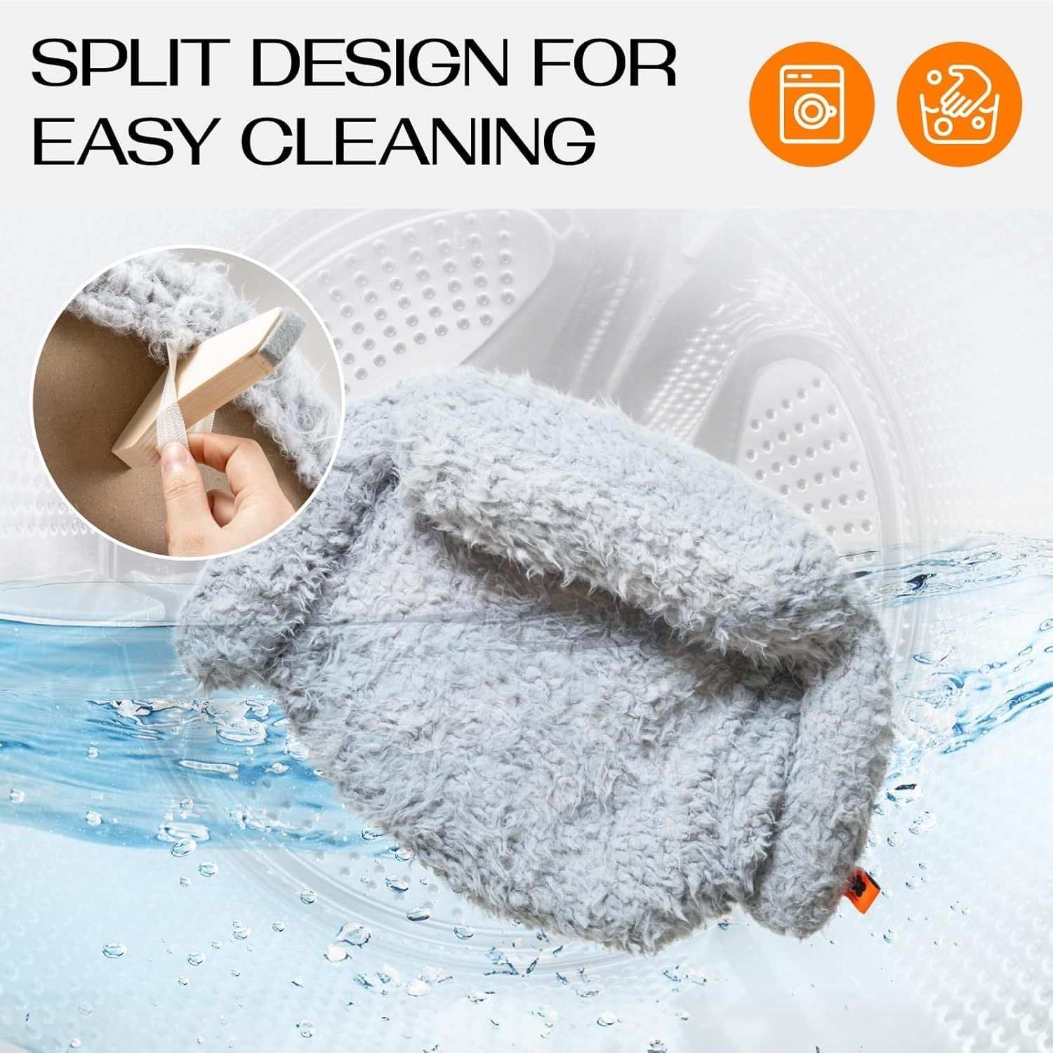Gray cleaning mitt with text 'Split Design for Easy Cleaning' and icons indicating washing and cleaning.