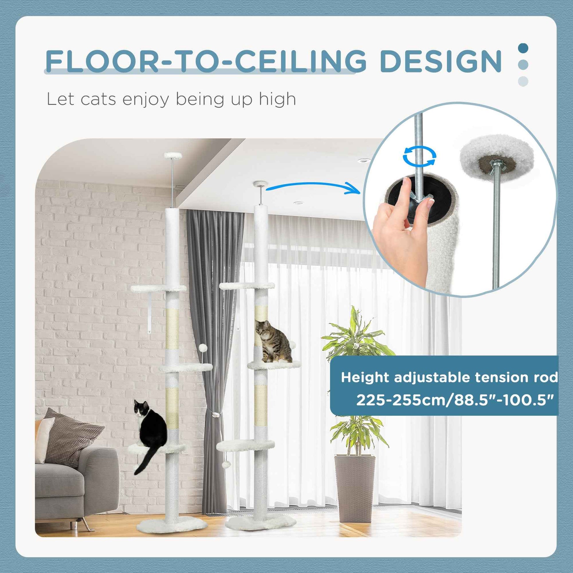  8.4' Floor to Ceiling Cat Tree, Adjustable Height, White