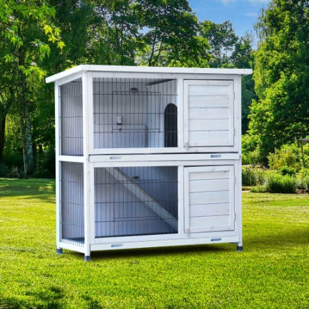 2-Story Rabbit Hutch - White with Removable Trays & Run - Purrfect Pet Haven