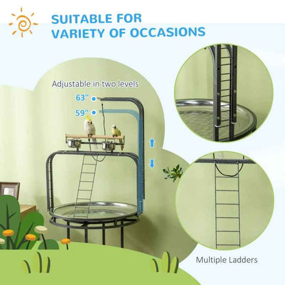 PawHut Parrot Stand Large Bird Perch Stand With Toy Hook  3 Ladders, Parrot Perch, Bird Wooden Stand, Gray