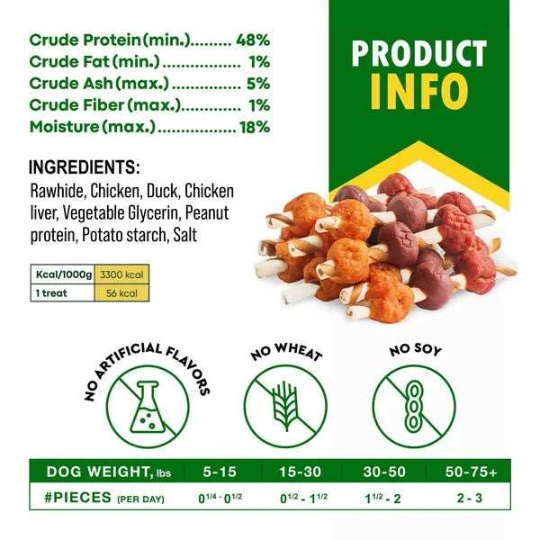 Dog Rawhide Treats - Human Grade Duck & Chicken Dental Chews - Purrfect Pet Haven
