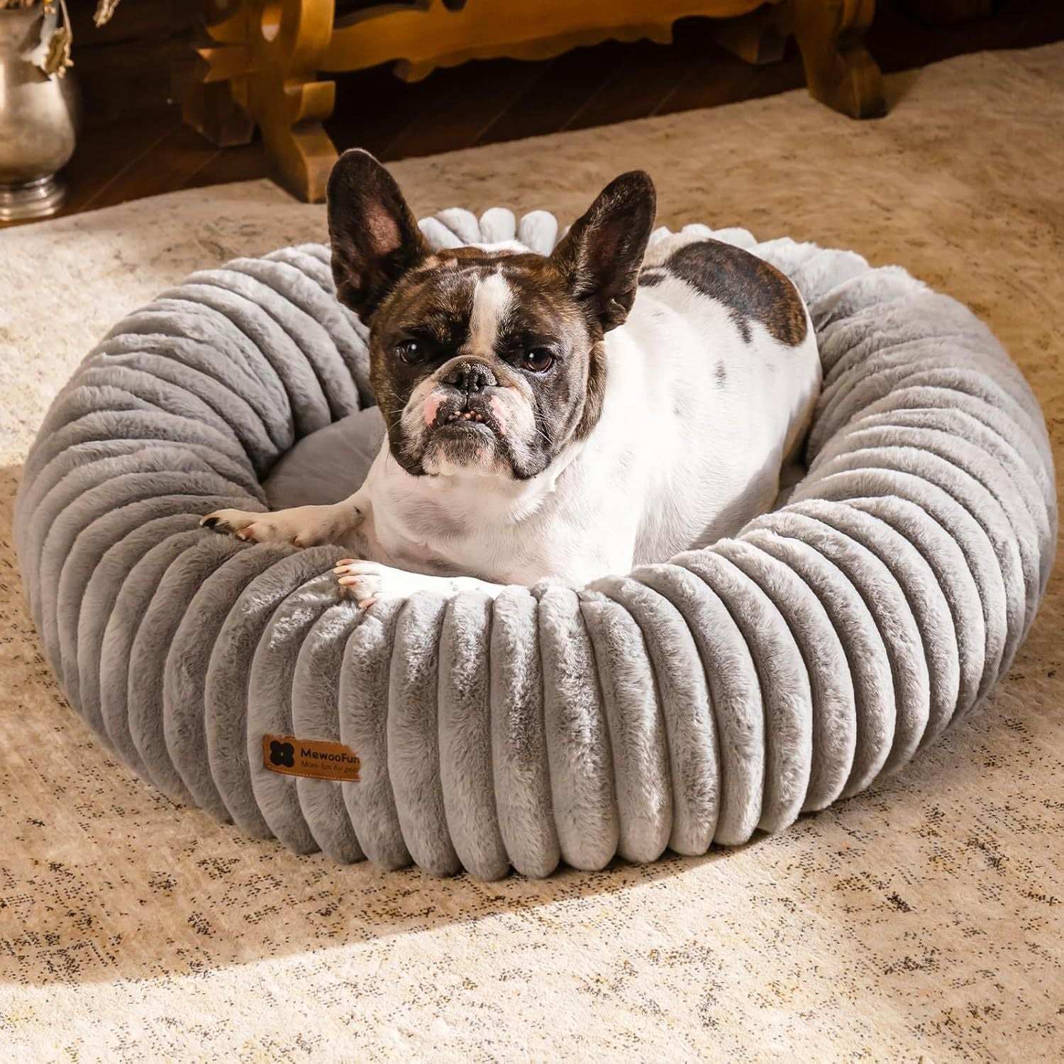 Fluffy Grey Round Pet Bed - Calming - Purrfect Pet Haven