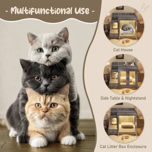 GO Cat Litter Box Enclosure With Light , Hidden Litter Box Furniture With 2 Storage Drawers, Indoor Cat House Side Table For Living Room - Purrfect Pet Haven