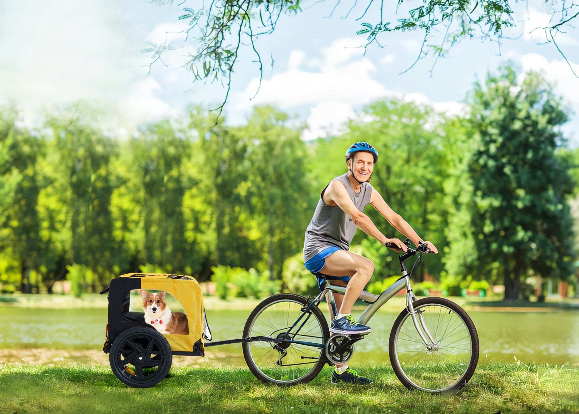 Yellow Outdoor Heavy Duty Foldable Practical Pet Stroller Dog Carrier With Bicycle Tow - Purrfect Pet Haven