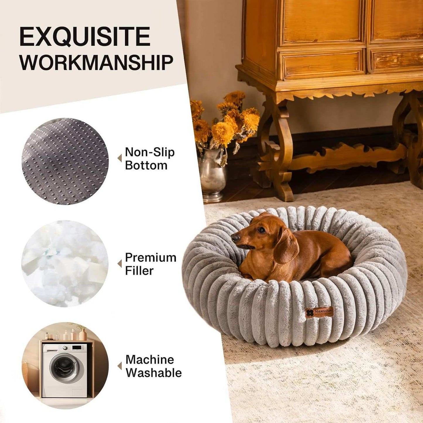 Fluffy Grey Round Pet Bed - Calming - Purrfect Pet Haven