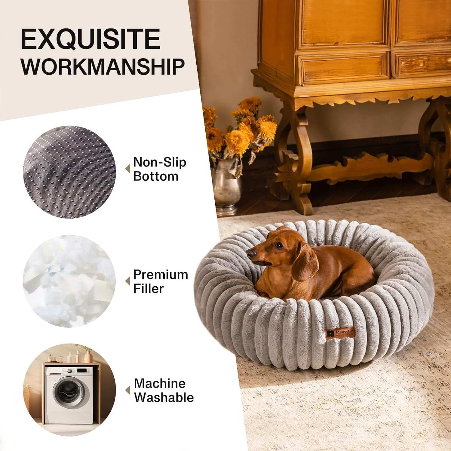 Fluffy Grey Round Pet Bed - Calming - Purrfect Pet Haven