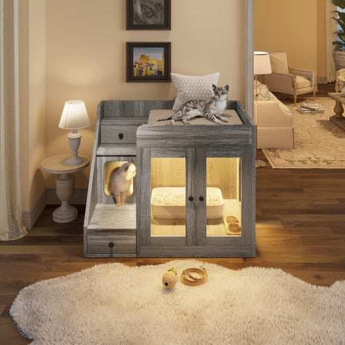 GO Cat Litter Box Enclosure With Light , Hidden Litter Box Furniture With 2 Storage Drawers, Indoor Cat House Side Table For Living Room - Purrfect Pet Haven