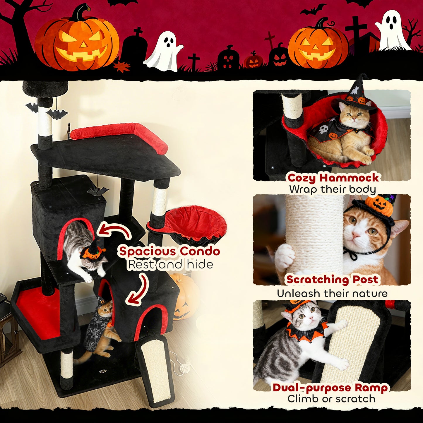 Gothic Cat Tree 78" - Castle Tower with Coffin Bed & Condos - Purrfect Pet Haven