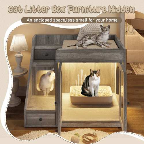 GO Cat Litter Box Enclosure With Light , Hidden Litter Box Furniture With 2 Storage Drawers, Indoor Cat House Side Table For Living Room - Purrfect Pet Haven