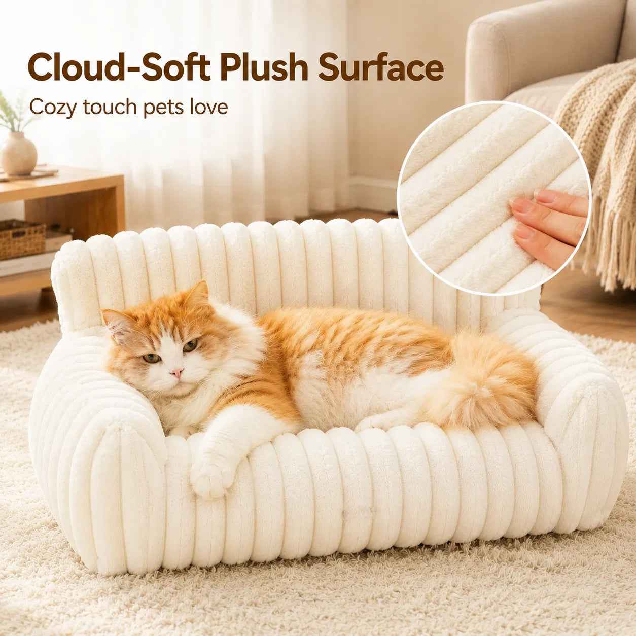 Cute Cat Couch For Pets - Fluffy Cat Beds With Premium Soft Corduroy Fleece, Fuzzy Cats Beds For Indoor Cats With Removable Washable Cover, Supportive Pet Sofa