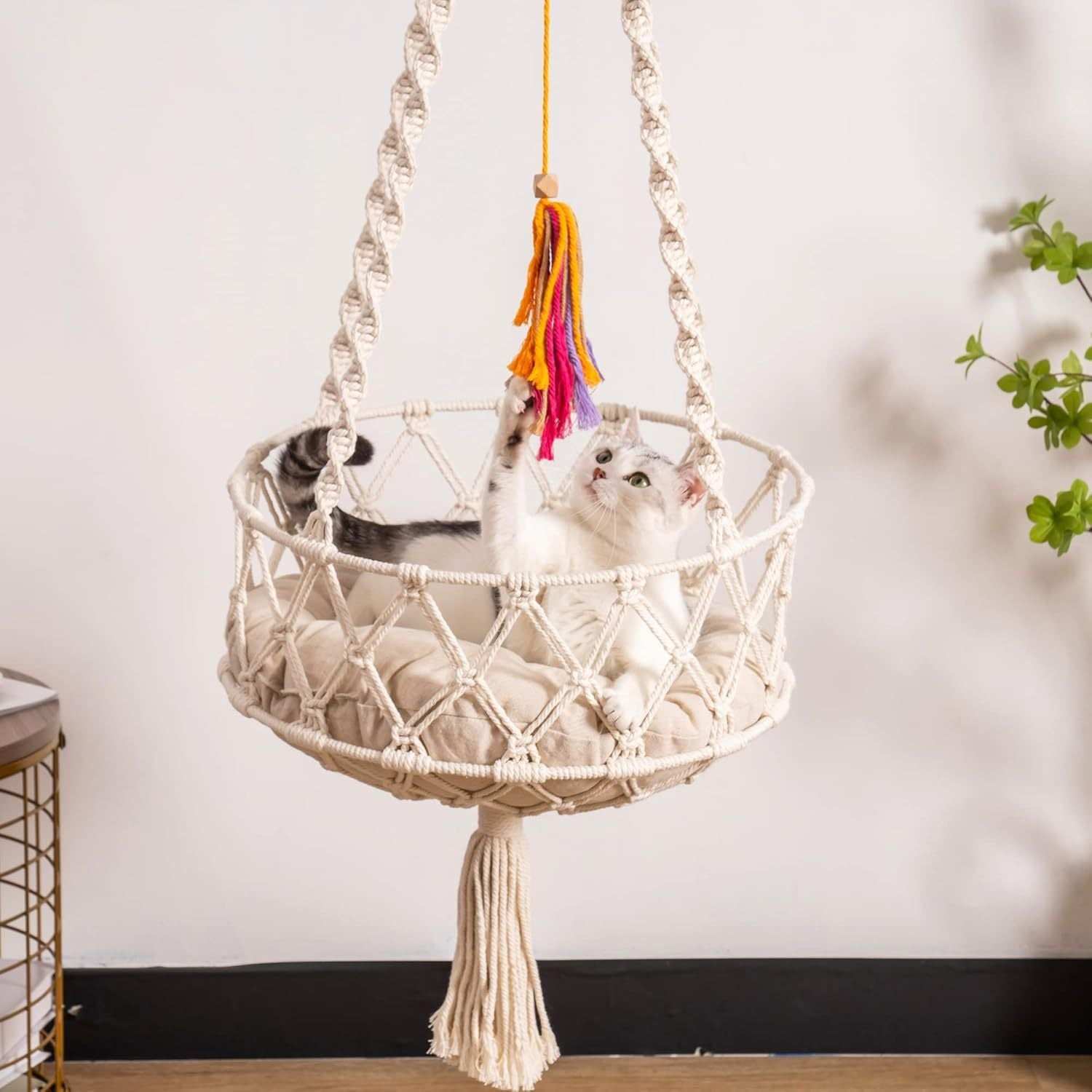 Macrame Cat Swing Bed For Indoor Cats - Boho Hanging Hammock With Washable Mat - Purrfect Pet Haven