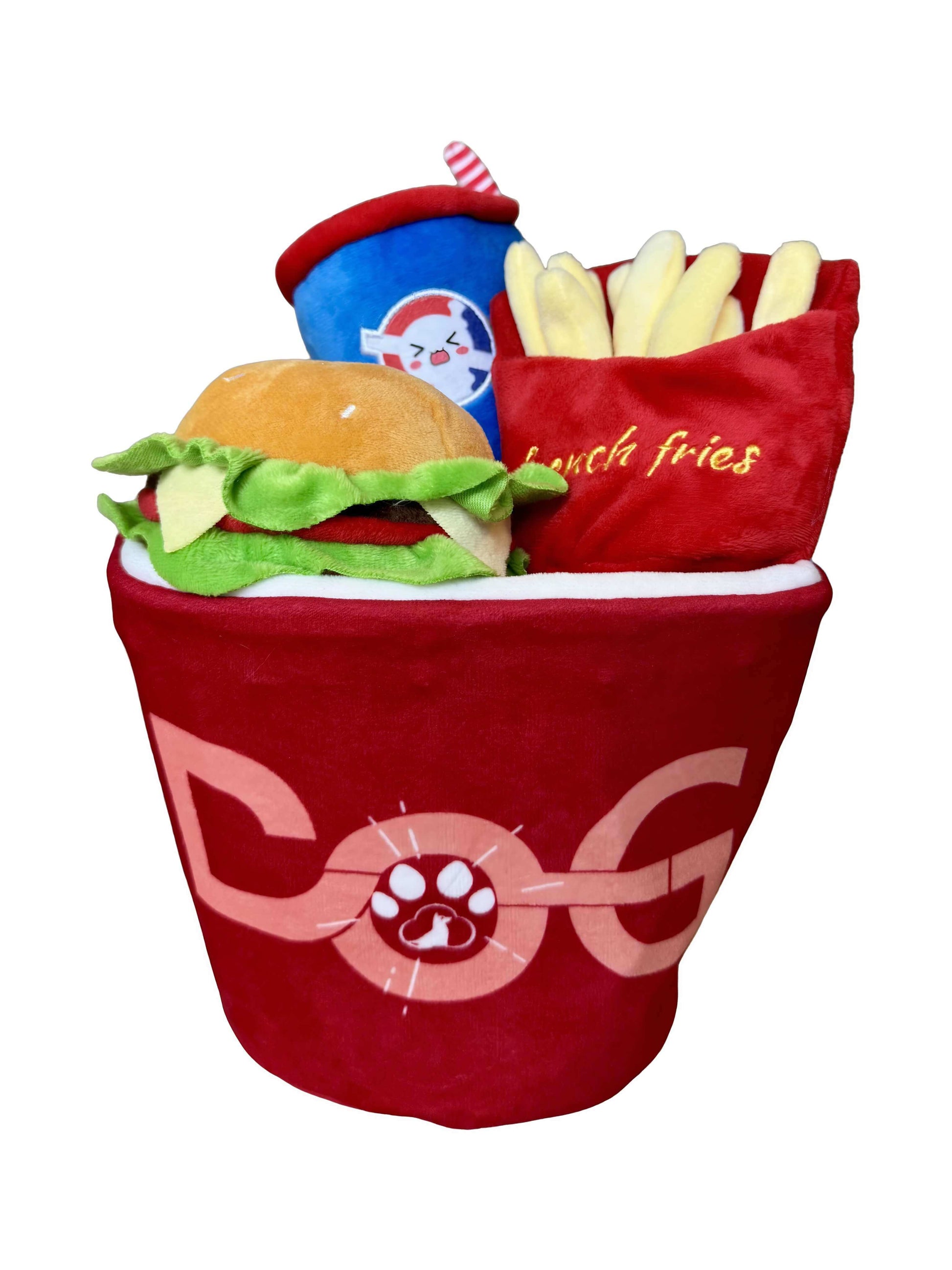 Fast Food Dog Toy Set - 4-in-1 Squeaky Plush Bucket with Fries, Burger & Soda - Purrfect Pet Haven