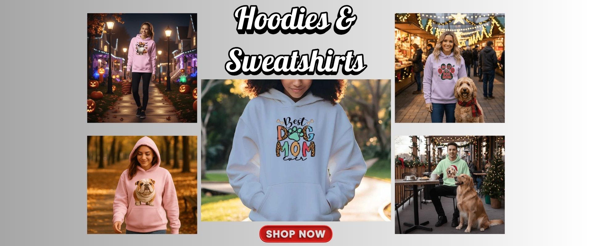 Promotional banner for hoodies and sweatshirts with people wearing them in various settings.