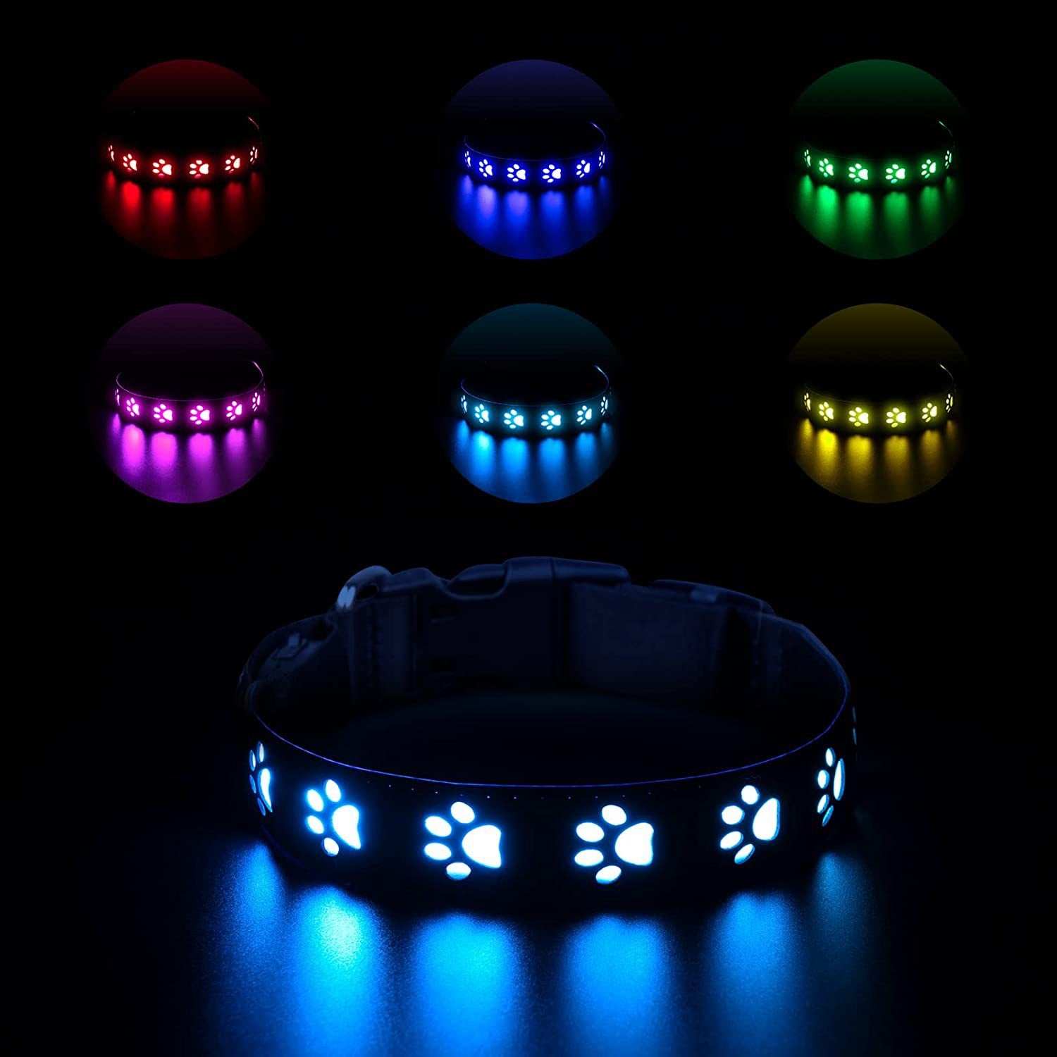 LED Dog Collar - 7 Color Luminous Paw Print USB Rechargeable - Purrfect Pet Haven