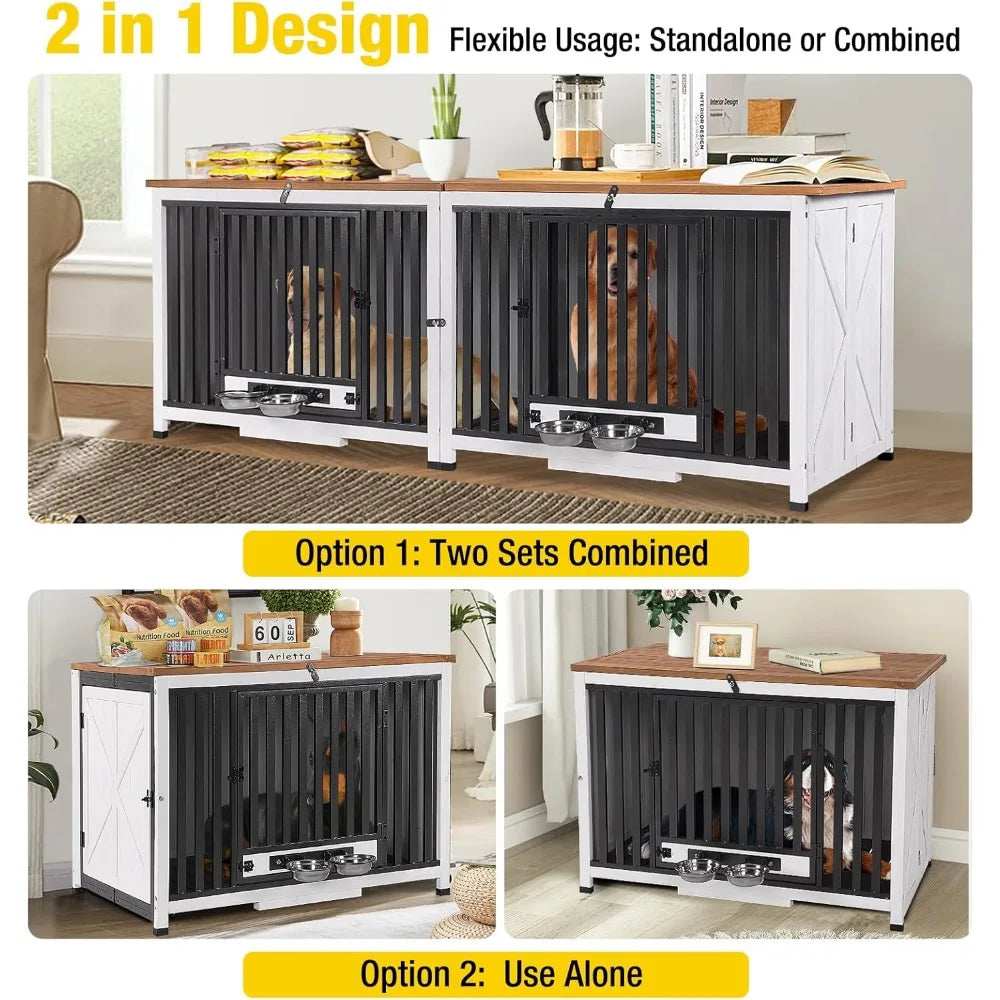 Foldable Dog Crate Furniture No Assembly, Expandable Design, Chew-Resistant, with 360° Rotating Pet Bowls - Purrfect Pet Haven