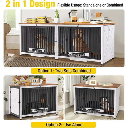 Foldable Dog Crate Furniture No Assembly, Expandable Design, Chew-Resistant, with 360° Rotating Pet Bowls - Purrfect Pet Haven