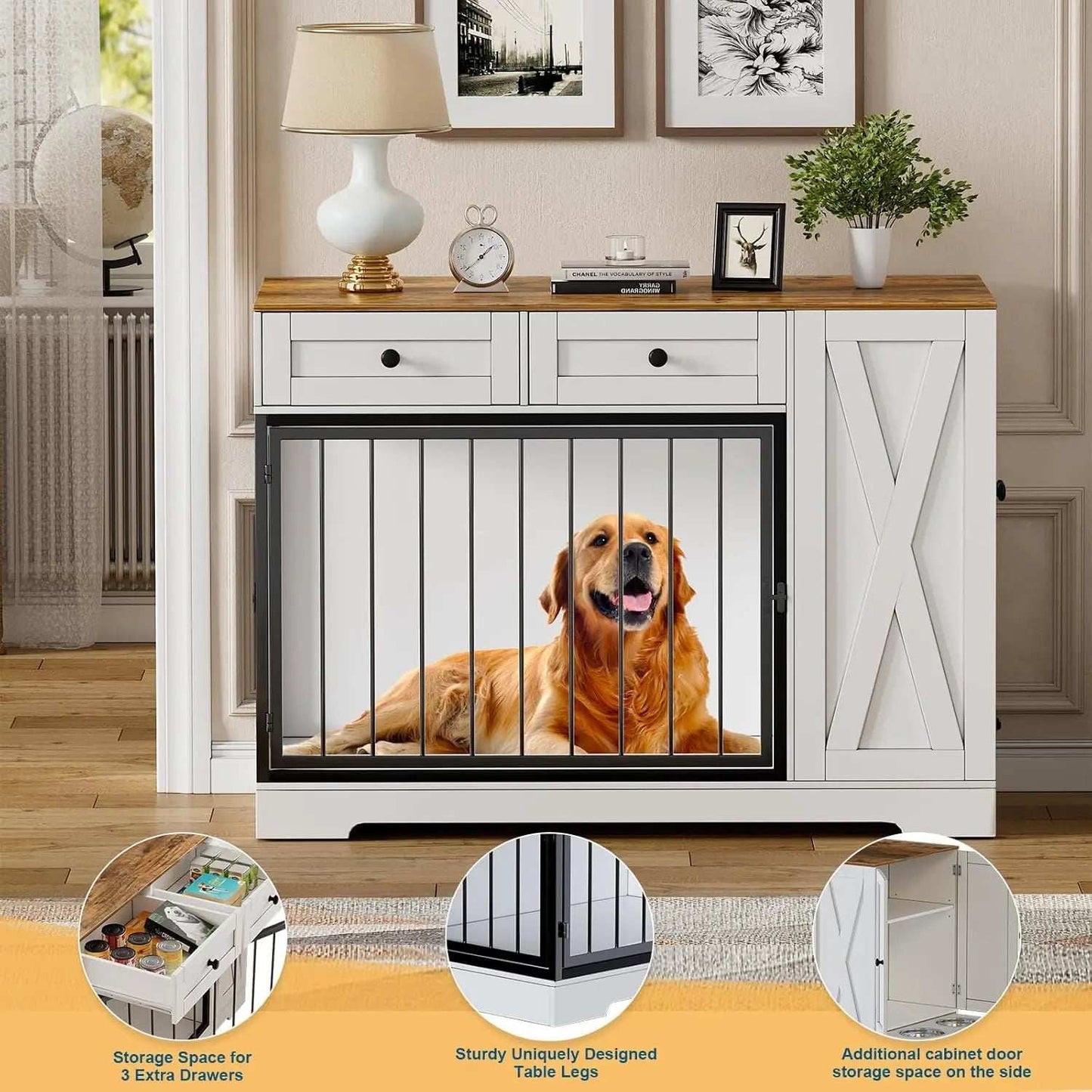 Dog Crate Furniture Kennel with Double Doors - Wooden Pet House with 2 Drawers and Pet Feeder Station Storage Cabinet - Purrfect Pet Haven