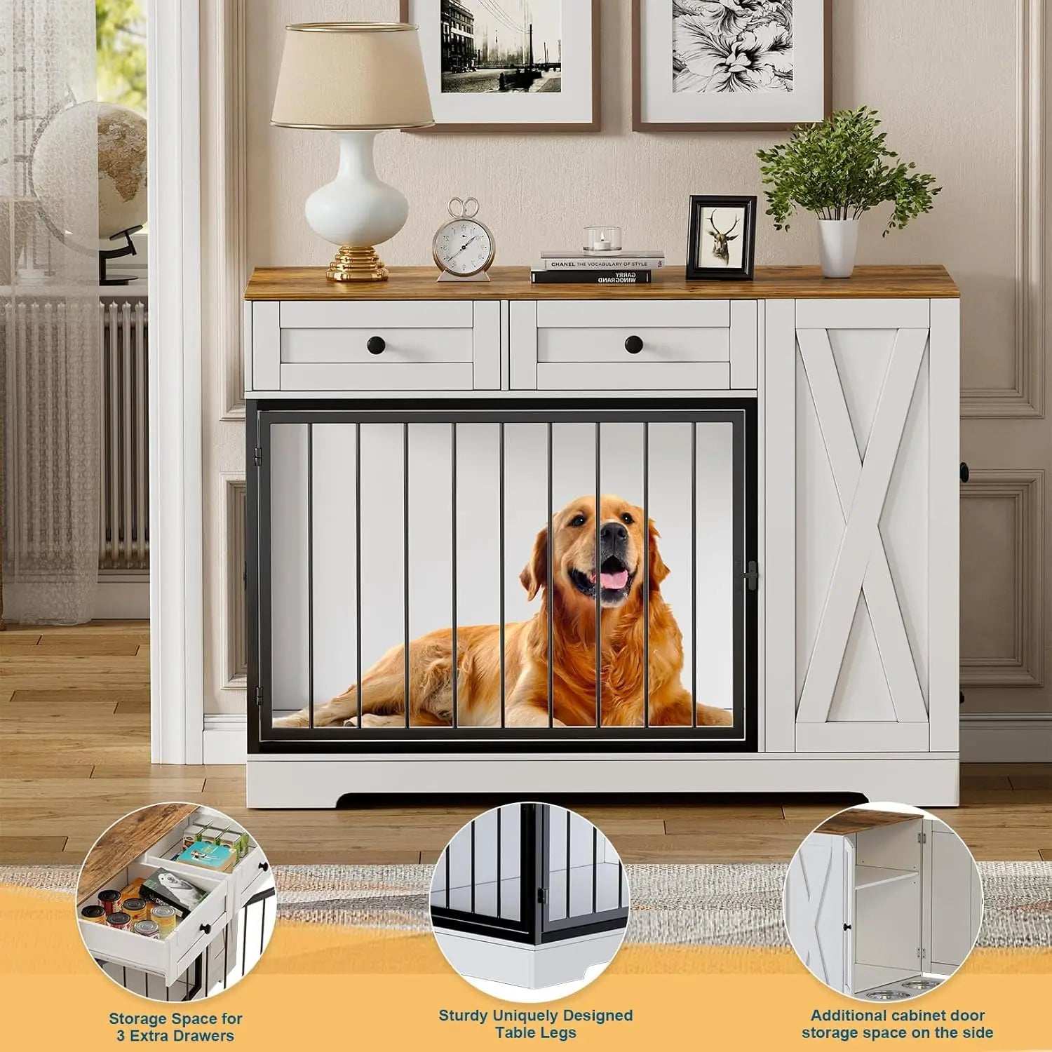 Dog Crate Furniture Kennel with Double Doors - Wooden Pet House with 2 Drawers and Pet Feeder Station Storage Cabinet - Purrfect Pet Haven