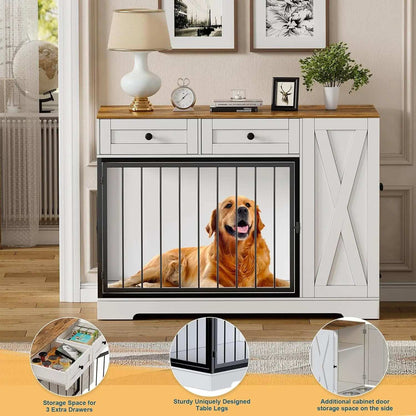 Dog Crate Furniture Kennel with Double Doors - Wooden Pet House with 2 Drawers and Pet Feeder Station Storage Cabinet - Purrfect Pet Haven