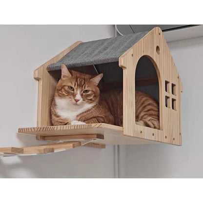 Masterpiece Wall Mounted Cat Furniture Cat Climber with Kitty House - Save Space Thickened Board for Sleeping Playing - Purrfect Pet Haven