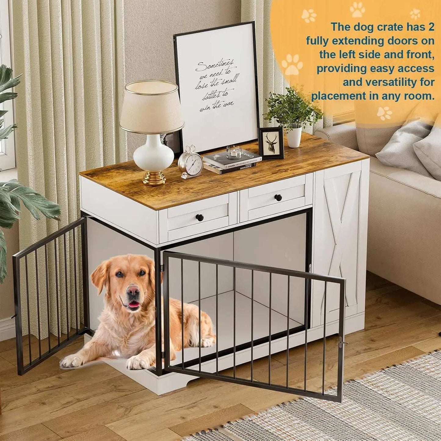 Dog Crate Furniture Kennel with Double Doors - Wooden Pet House with 2 Drawers and Pet Feeder Station Storage Cabinet - Purrfect Pet Haven