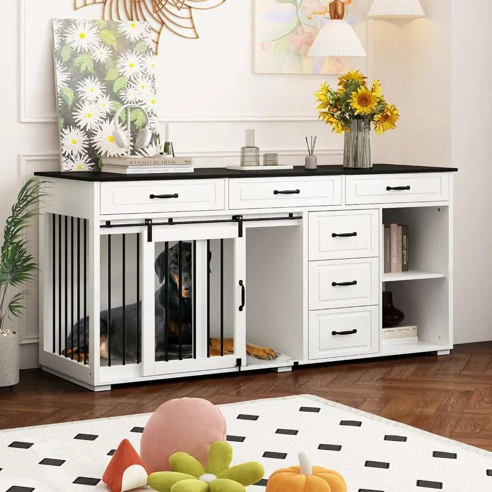 67" Wide Luxury Wooden Heavy Duty Single Room Dog Kennel Furniture w/Sliding Door - Purrfect Pet Haven
