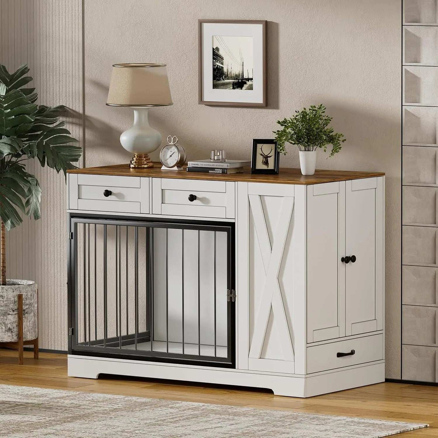Dog Crate Furniture Kennel with Double Doors - Wooden Pet House with 2 Drawers and Pet Feeder Station Storage Cabinet - Purrfect Pet Haven