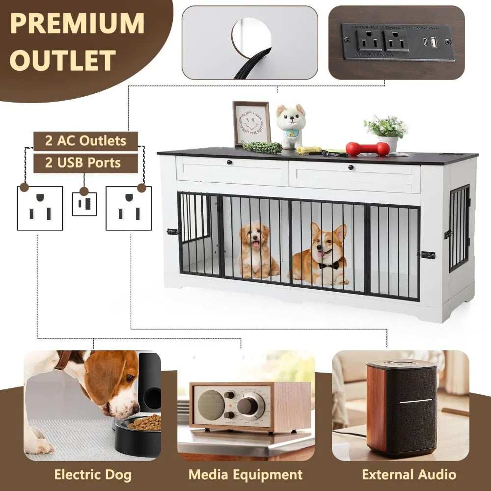 Wooden Dog Cage End Table with Charging Station Large Dog Crate Furniture-Decorative Heavy Duty - Purrfect Pet Haven