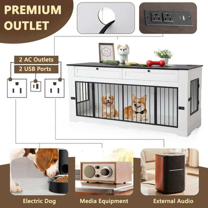 Wooden Dog Cage End Table with Charging Station Large Dog Crate Furniture-Decorative Heavy Duty - Purrfect Pet Haven