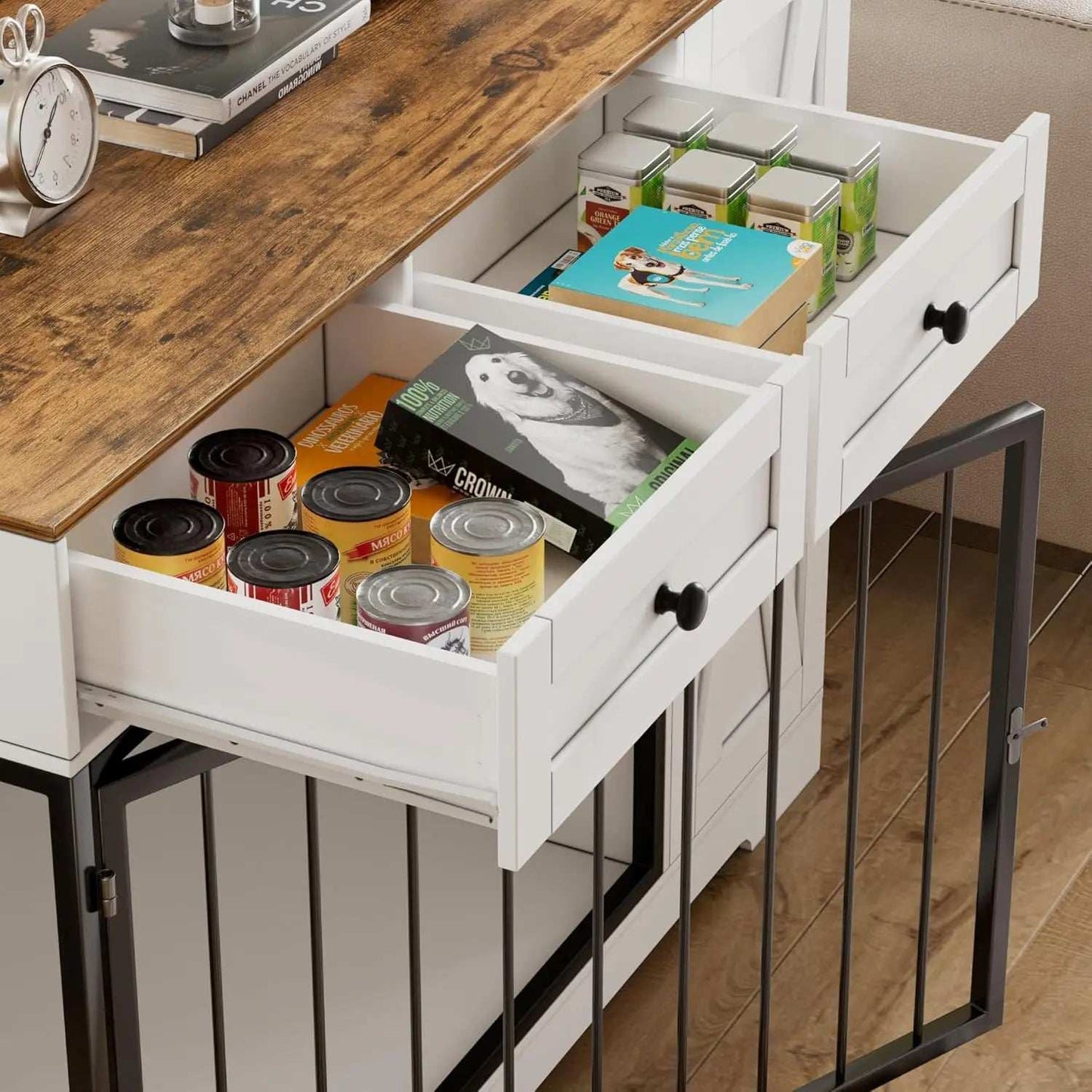 Dog Crate Furniture Kennel with Double Doors - Wooden Pet House with 2 Drawers and Pet Feeder Station Storage Cabinet - Purrfect Pet Haven